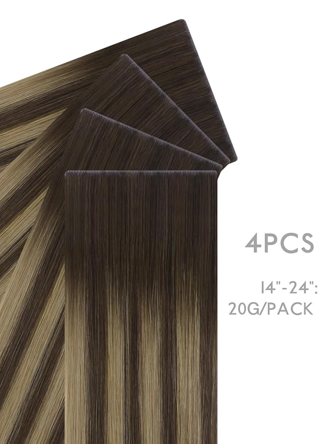 WENNALIFE Invisi Edge 8cm Tape in Hair Extensions Human Hair, 20 Inch 20g 4pcs, Balayage Chocolate Brown to Caramel Blonde Invisible Remy Tape Ins Straight Reusable Extensiones De Cabello Humano