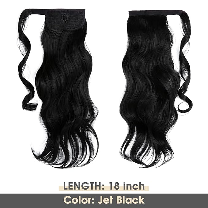 CJL HAIR 18" Long Ponytail Hair Extension Wrap Around Pony Tail Clip in Curly Wavy Synthetic Fake Hairpiece for Women Jet Black