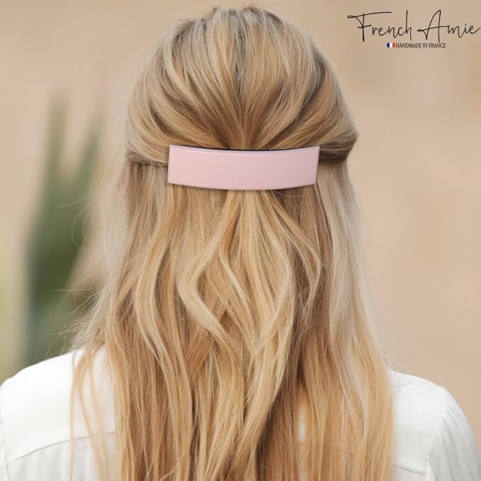 French Amie Fine 1" Wide Rectangular Celluloid Handmade Blush Pink Automatic Hair Barrettes for Women French Hair Clips