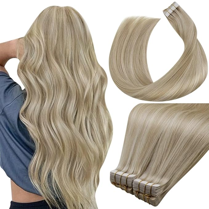 LaaVoo Tape in Hair Extensions Human Hair Tape in Extensions 22 Inch 40pcs 100g Golden Blonde Highlights with Medium Blonde Hair Extensions Tapes in Real Human Hair Silky Straight