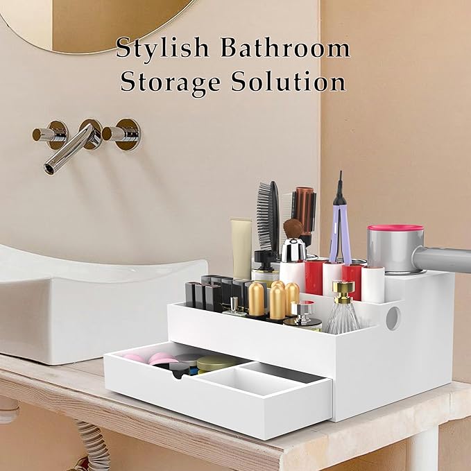 Hair Tool Organizer, Wood Hair Dryer Holder with Drawer & 3 Stainless Steel Cups, Versatile Bathroom Vanity Storage for Hair Styling Tools, Hot Tools, Brushes and Cosmetics - White