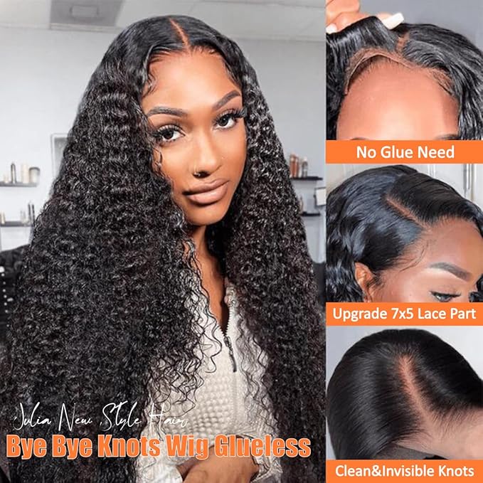 Julia Hair Bye Bye Knots Glueless Wig Curly Pre Cut Lace Front Wigs Human Hair for Women 12A Upgrade 7x5 Lace Closure Wig Pre Plucked with Pre Bleached Knots Put on and Go Natural Color 16 Inch
