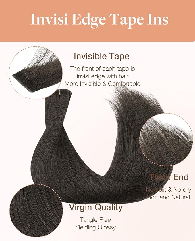GOO GOO Invisi Edge Tape in Hair Extensions Human Hair, 1C Mocha Brown, 10pcs 20inch 30g, Virgin Remy Hair, Seamless Injected Tape, Natural Look
