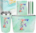 Personalized Gifts Monogrammed Birthday Gifts for Women, Aunt Grandma Retirement Christmas Initial 20 oz Tumbler, Makeup Bag Cup Ballpoint Pens Journal Notebook 6 Set, (Aesthetic Green Flower F)