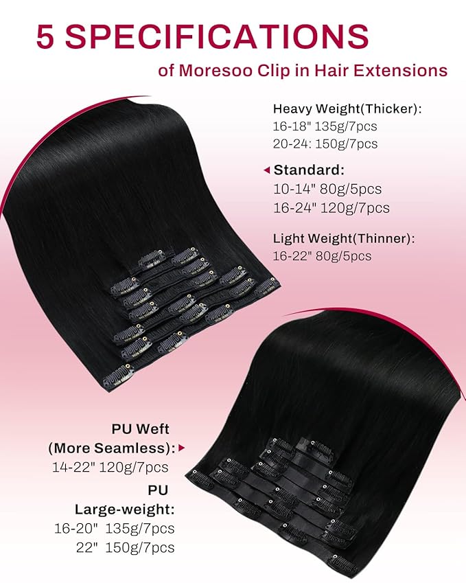 Moresoo Black Seamless Clip in Hair Extensions 18Inch Invisible PU Weft Seamless Hair Extensions Clip ins Real Human Hair Jet Black #1 Full Head 7pcs 120g