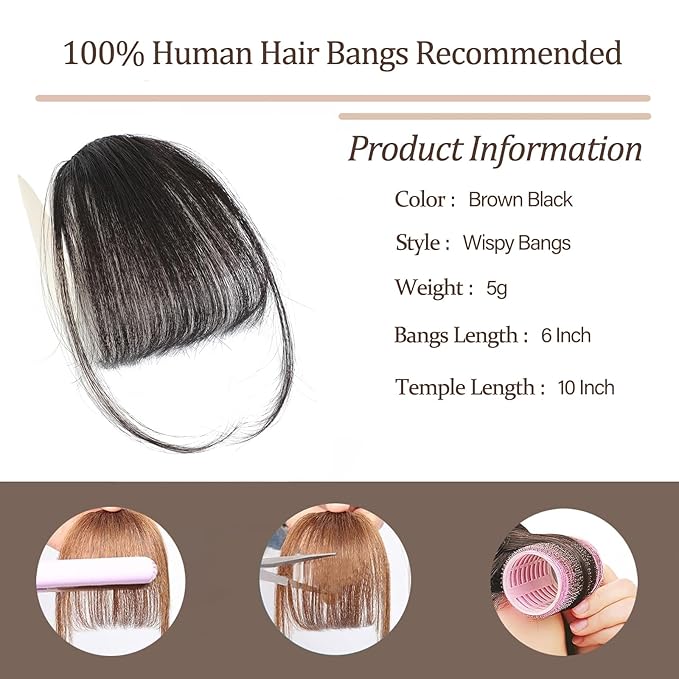 Clip In Bangs-Real Human Hair Bangs Brown Black Clip On Bangs Hair Extensions Fake Bangs Human Hair Wispy Bangs Hair Clip Fringe With Temples Hairpieces Curved Bangs For Daily Wear