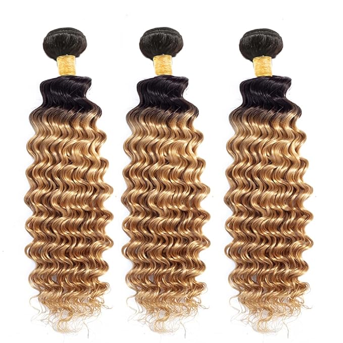 Ombre Bundles Human Hair Blonde Deep Wave Bundle Brazilian Virgin Remy Soft and Silky Hair 3 Bundles 14 16 18 Inch Double Weft 2 Tone Black and Honey Blonde Bundle Hair Weave 300g
