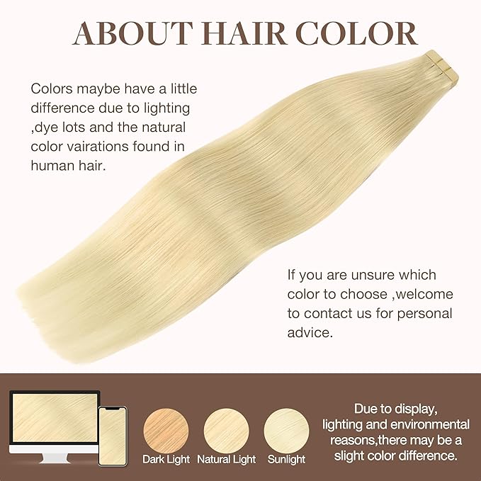 GOO GOO Tape in Hair Extensions Human Hair, 613R Bleach Blonde, 18inch 50g 20pcs, Skin Weft Seamless Invisible, Silky Straight with Thick Ends, Remy Human Hair