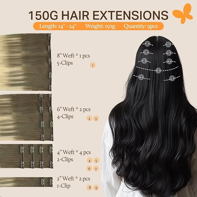 DOORES Clip in Hair Extensions Human Hair, Ash Brown to Platinum Blonde 150g 9pcs 20 Inch, Remy Hair Extensions Natural Extensions For Women Straight