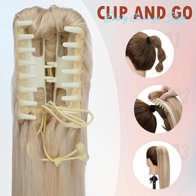 Hairro Claw Ponytail Human Hair Extensions Clip Ponytails Jaw/Claw Long Straight Pony Tail For Women 22 Inch 120g #60 Platinum Blonde