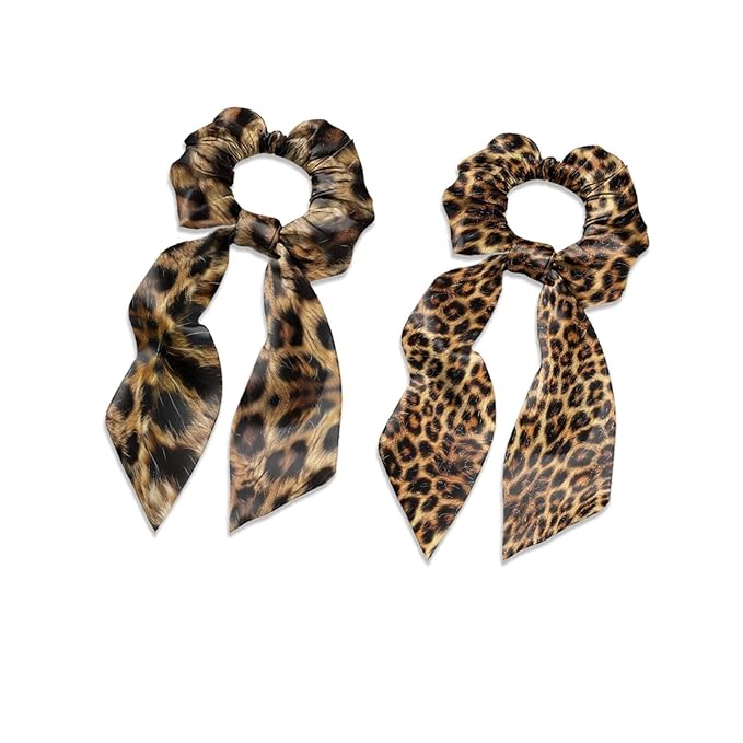 Leopard Print Hair Ties Elastic Ribbon Brown Knotted Bow Scrunchies Lightweight Scraf Scrunchy Stretchy Aesthetic Accessory Pack of 2