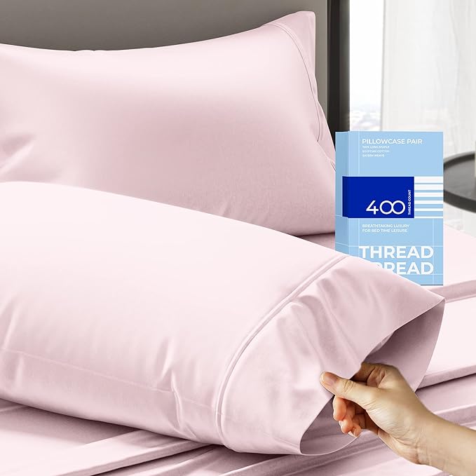 THREAD SPREAD 100% Cotton King Size Pillow Cases Set of 2-400 Thread Count Pillow Cases King Size Set of 2 (Blush), Luxuriously Soft Hotel Quality Sateen Weave Pillowcases, Crisp & Cool