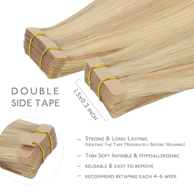 WENNALIFE Tape in Hair Extensions Human Hair, 20pcs 50g 22 inch Light Blonde Highlighted Golden Blonde Remy Hair Extensions Straight Human Hair Tape in Extensions Skin Weft Tape Extensions Human Hair