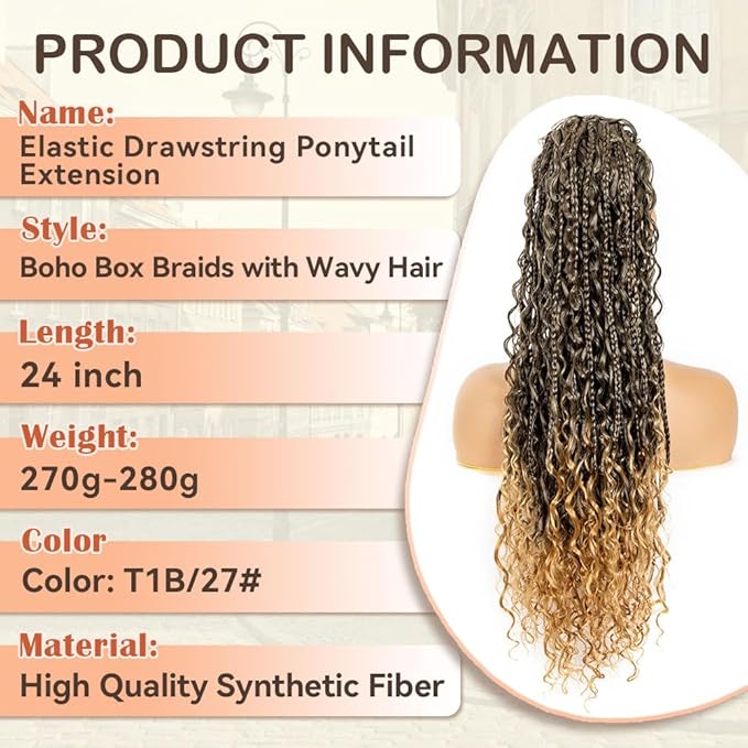 Drawstring Ponytail for Women 24 inch Boho Braids with Long Wavy Hair Clip in Synthetic Hair Extension for Daily Use (T1B/27#, 24 Inch)
