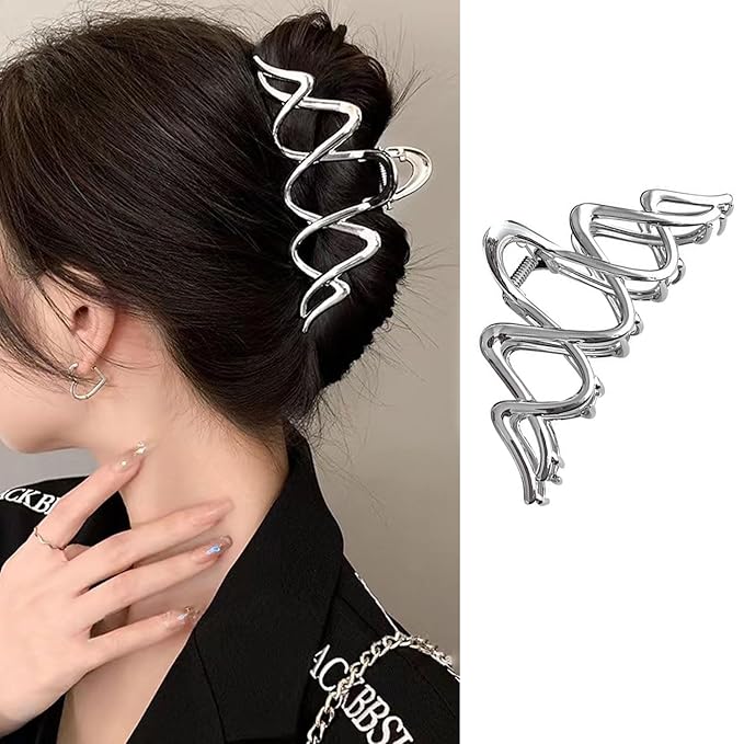 Silver Metal Wavy Hair Clip, 1Pcs 4.52Inch Wave Hair Clip for Thick Hair, Non-Slip Strong Hold Grip Hair Jaw Clip, Ideal for All Occasions
