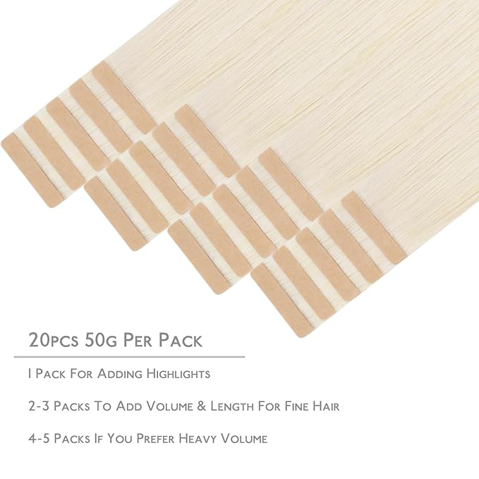 WENNALIFE Tape in Hair Extensions Human Hair, 20pcs 50g 22 inch White Blonde Remy Hair Extensions Straight Human Hair Tape in Extensions Skin Weft Tape Extensions Human Hair
