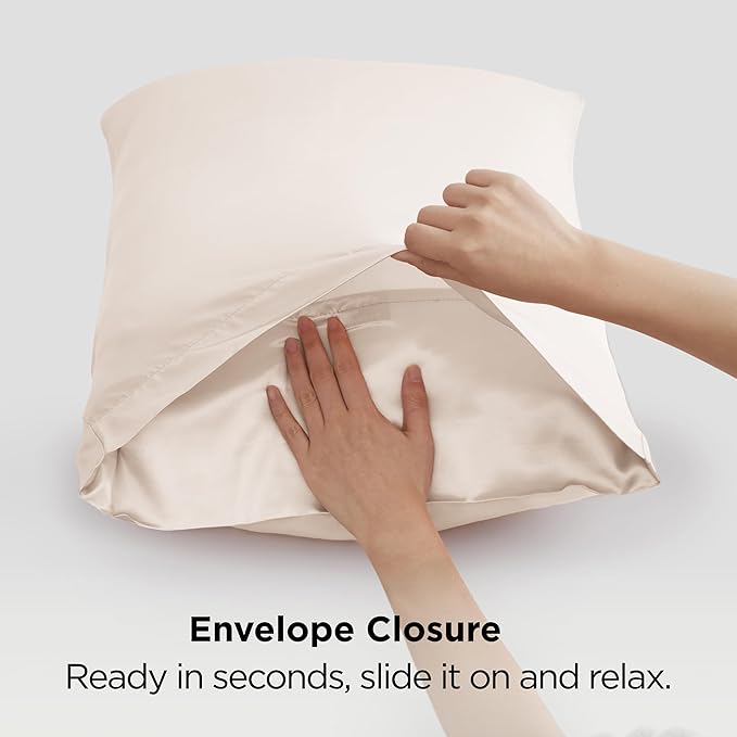Bedsure Satin Pillowcase 2 Pack Similar to Silk Pillow Cases Standard Size, Pillow Case for Sleeping Women with Envelope Closure, Gifts for Women Men, Beige, 20x26 Inches, 2pcs