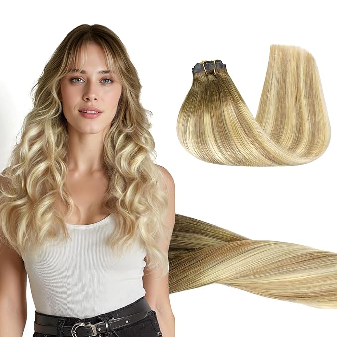 GOO GOO Clip in Hair Extensions Real Human Hair, Remy Human Hair Extensions Clip ins for Women, Natural Human Hair, 16inch 110g 7Pcs, 5A/90/16F Bahamian Balayage