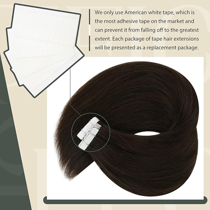 Sunny Hair Tape in Hair Extensions Real Human Hair Invisible Remy Hair Extensions Tape ins for Women Darker Brown 18 inch 20Pcs 50G