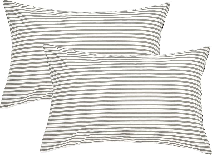 JELLYMONI 100% Natural Cotton Striped Pillowcases Set, 2 Pack White and Grey Stripes Pattern Printed Pillow Covers with Envelope Closure(Pillows are not Included)(King(20×40inches))