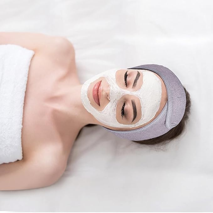 Facial Spa Headbands 4 PCS , Makeup Shower Bath Wrap Sport Headband Terry Cloth Stretch Towel with Magic Tape (Gray)