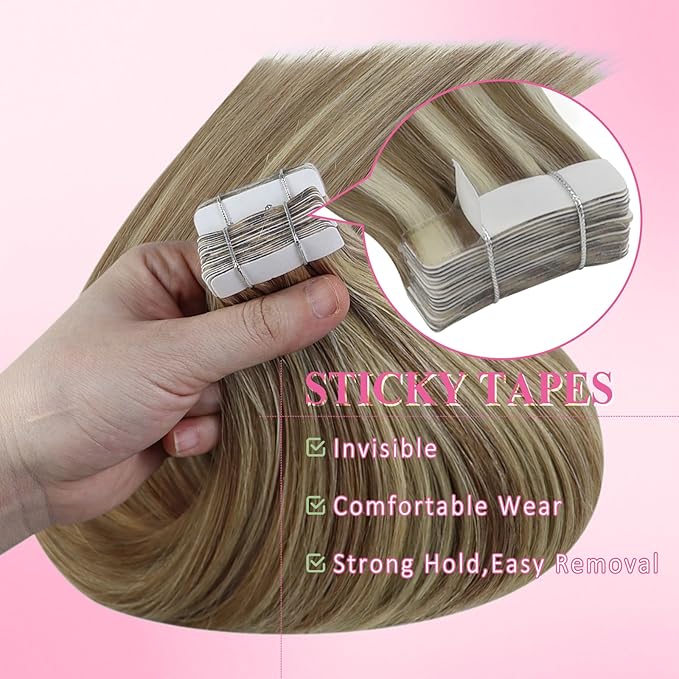 YoungSee Human Hair Tape in Extensions Highlights 20 Inch Tape Hair Extensions Real Human Hair Brown to Blonde Seamless Tape-in Natural Hair Extension Straight 20pcs 50g