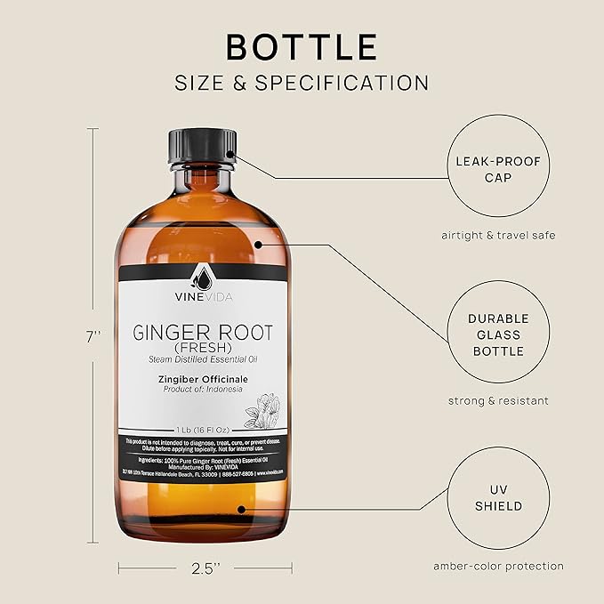 VINEVIDA Fresh Ginger Root Essential Oil 16 oz - Undiluted Ginger Root Oil 16 oz - Ginger Root Candle Oil Scent - DIY Candle Scents for Candlemaking - Bulk Essential Oil for Soap Making Safe for Skin