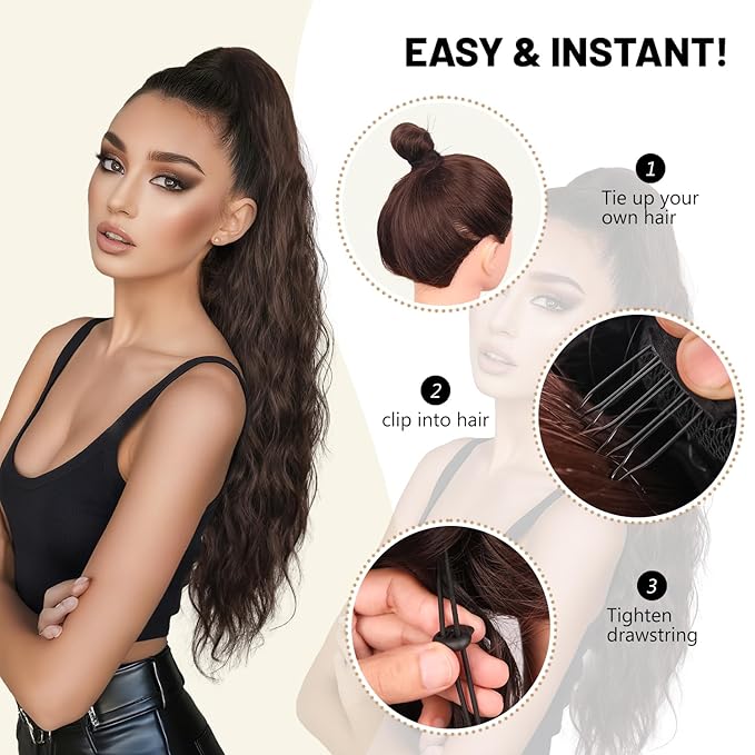 LEEONS 26 inch Drawstring ponytail Extension, Long Wavy pony tails hair extensions for Women - Synthetic Hairpiece Ponytail for Daily Use (Omber Black to Wine Red)