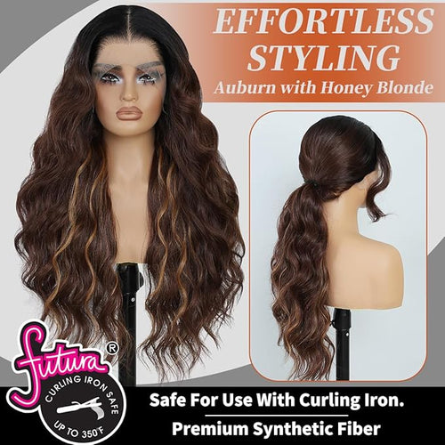 13x4 Synthetic Lace Front Wigs Pre Plucked 26 Inch Long Wavy Auburn with Honey Blonde Wigs For Black Women Ready to Wear 100% Futura Premium Lace Wig Daily Party Use