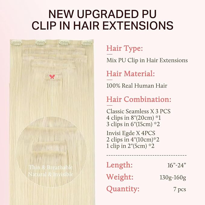 DOORES Clip in Hair Extensions Set 18 Inch 130g, 4pcs Invisi Edge Clip ins and 3pcs Classic Seamless Clip ins, Injected Virgin Real Human Hair Extensions Natural Invisible Straight, #60A