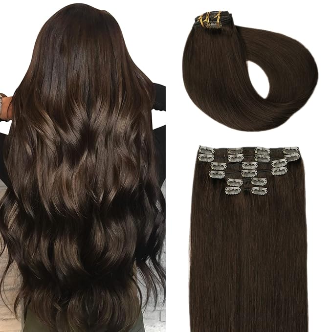 SURNEL Clip in Hair Extensions Real Human Hair 6pcs 18inch 120g Dark Brown Clip in Hair Extensions (#2,18'')