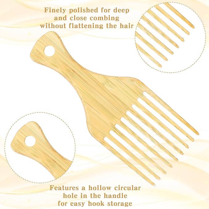 4 Pcs Bamboo Afro Hair Pick Comb Set Natural Anti-Static Picks Wide Tooth Detangling Combs for Men Women with Thick Curly Hair