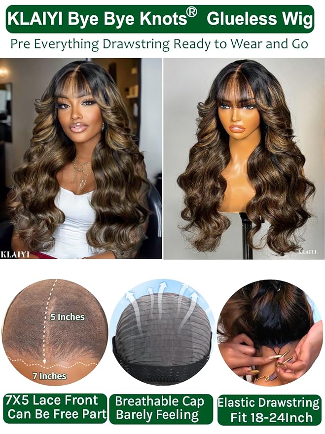KLAIYI Ombre Brown Loose Body Wave Bye Bye Knots Glueless Precut 7x5 HD Lace Front Human Hair Bang Wig Drawstring Highlight Balayage Brown Pre Plucked Bleached 30S Ready to Wear and Go Wig 180% 24Inch