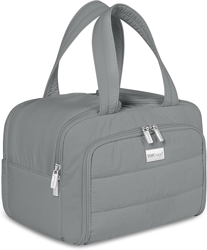 TOPDesign Travel Toiletry Bag for Women, Puffer Large Toiletry Bag, Lightweight Cosmetic Makeup Organizer with Handle for Traveling, Accessories, Essentials, Toiletries (Grey)
