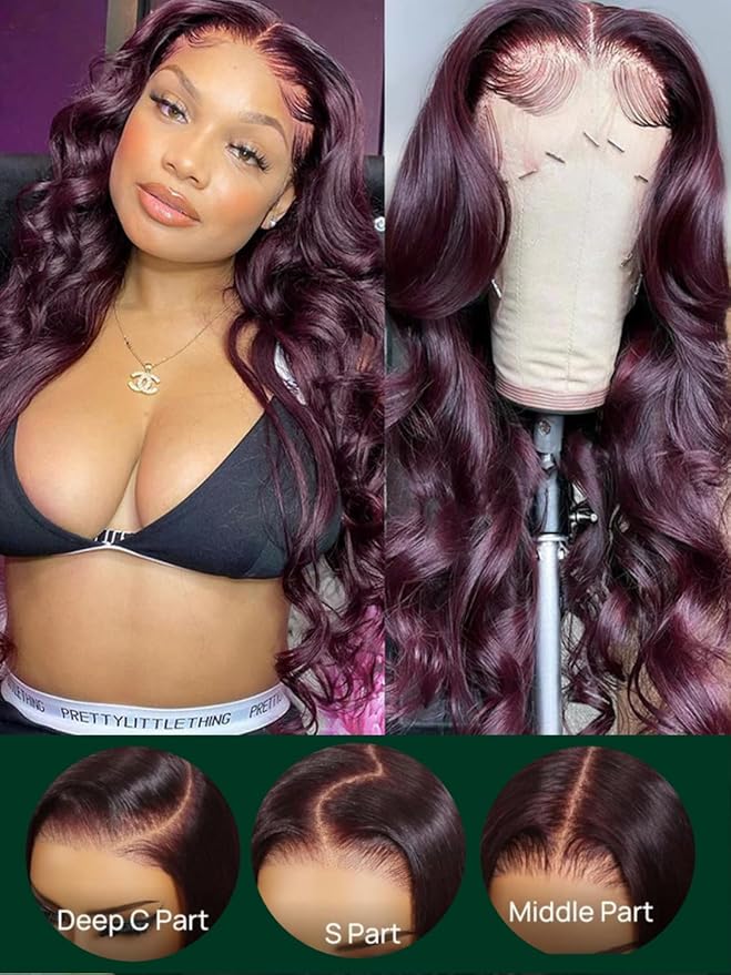KLAIYI Black Cherry Loose Body Wave Bye Bye Knots Glueless Wig 7x5Precut Lace Front Wigs Human Hair Drawstring Pre Plucked Bleached 30S Ready to Wear and Go Wig with Face Framing Bangs Burgundy 18Inch