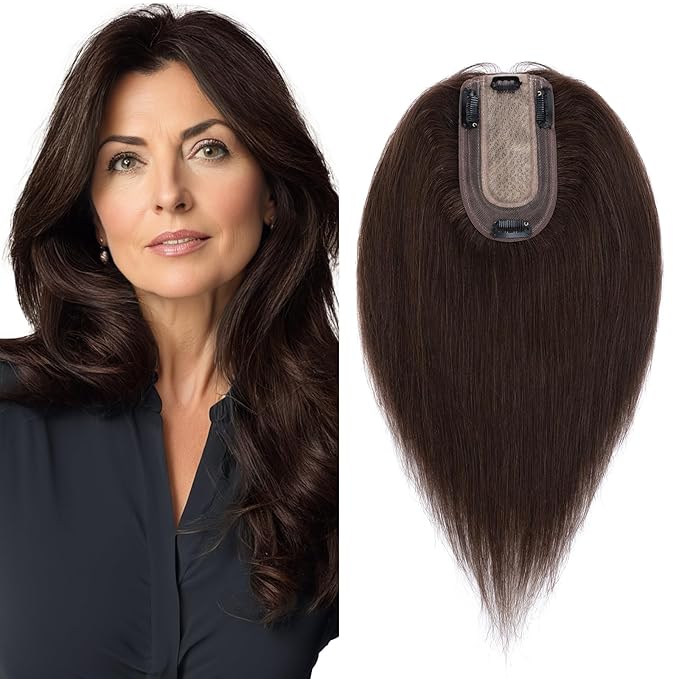 SEGO Real Human Hair Topper for Women without Bangs, Hair Topper with 4 Anti-Slip Clips (10 Inch#2 Dark Brown)