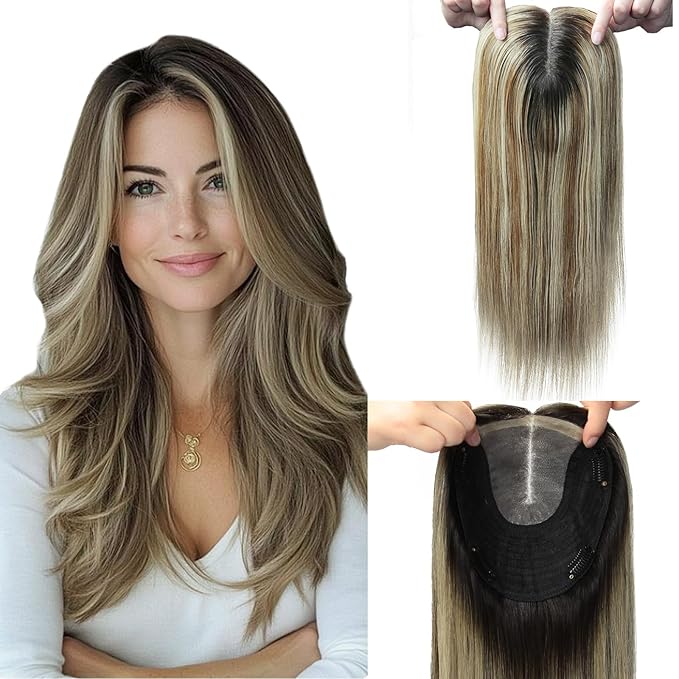 Hair Toppers for Women Real Human Hair, Natural Black Ombre Dark Brown Mix Blonde Topper Add Volume 12inch Hair Pieces for Women with Thinning 55g 6x7inch Base (#1B/4/27Toppers-12inch)
