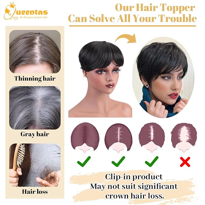 QUEENTAS Black Short Hair Toppers for Women with Thinning Hair 360°3D Cover with 5 Clips Hair Pieces Wispy Bangs 6"*6" Large Coverage Men's Toupee(Black/1B)