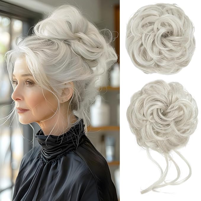 CJL HAIR 2PCS Messy Bun Hair Pieces Wavy Curly Synthetic Updo Chignon Fake Scrunchies Ponytail Extension for Women Ice Blonde