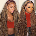Highlight Ombre 13x6 Lace Front Wig Human Hair Deep Wave Honey Blonde Glueless HD Transparent Lace Frontal Wigs for Women 180 Density Human Hair (highlight ombre deep wave, 34 inch)