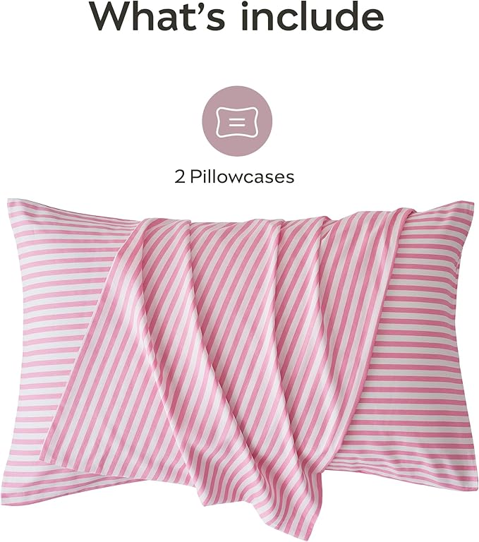 JELLYMONI 100% Natural Cotton Striped King Pillowcases Set, 2 Pack Pink Striped Pattern Printed Pillow Covers with Envelope Closure(Pillows are not Included)
