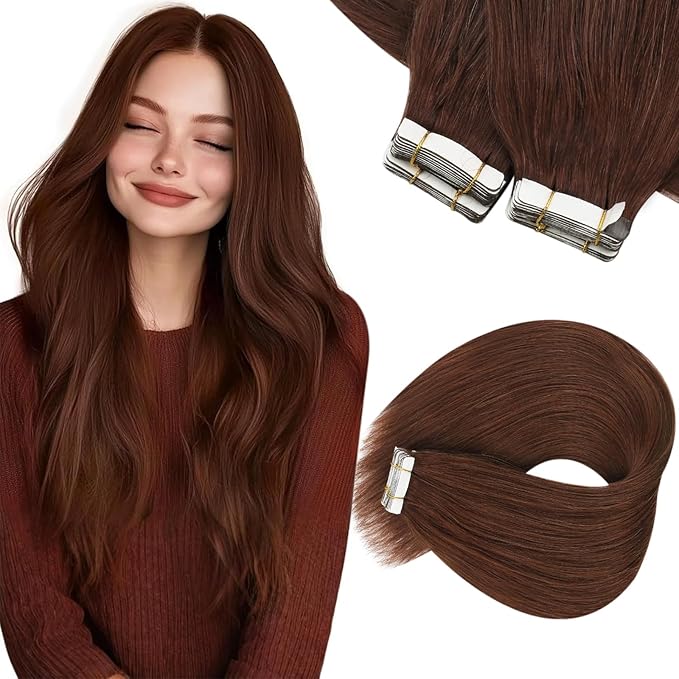 Sunny Hair Tape in Hair Extensions Human Hair, 20inch 40Pcs Auburn Brown Human Hair Tape in Extensions Remy Invisible Tape ins Human Hair Extensions Straight