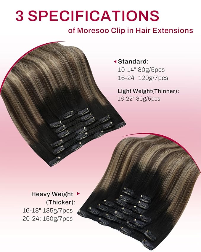 Moresoo Clip in Human Hair Extensions Balayage Straight Thick Double Weft Clip in Hair Extensions Ombre Off Black to Dark Brown Mixed Darkest Blonde 7pcs 120g 20inch