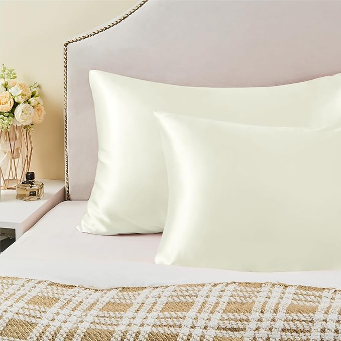 BEDELITE Satin Pillowcase with Zipper, Ivory Pillow Cases Queen Size Set of 2, Super Soft and Cooling Similar to Silk Pillow Cases, Gift for Women Men(20x30 Inches)