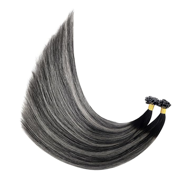 YoungSee K Tip Hair Extensions Real Human Hair Ombre K Tip Extensions Natural Black Roots to Silver Grey Balayage Keratin Tip Hair Extensions Human Hair Pre Bonded 50g 20inch 50s