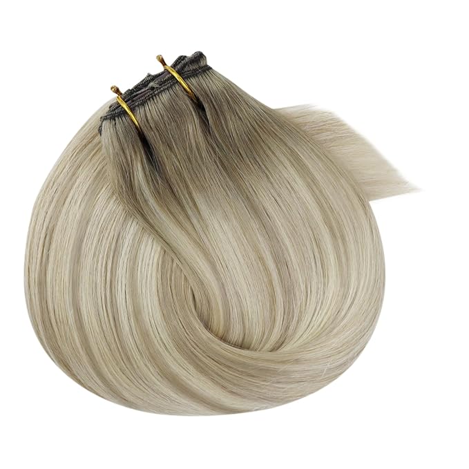 Ve Sunny Clip in Hair Extensions Straight Human Hair Clip in Extensions Remy Clip on Hair Extensions Real Human Hair Extensions Clip ins Ombre Ash Grey Balayage Platinum Blonde 20inch 120g