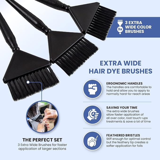 3 Extra Wide Hair Dye Applicator Brushes - Color Brush Set for Root Touch Up (Black)