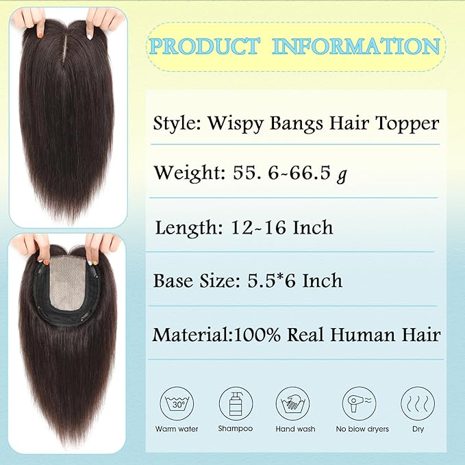 Hair Toppers for Women Real Human Hair, 360° 3D Toppers Pieces for Women with Thinning Crown Wispy Bangs 14 Inch Upgrade Big Basement (Dark Brown, 14 Inch Wispy Bangs)