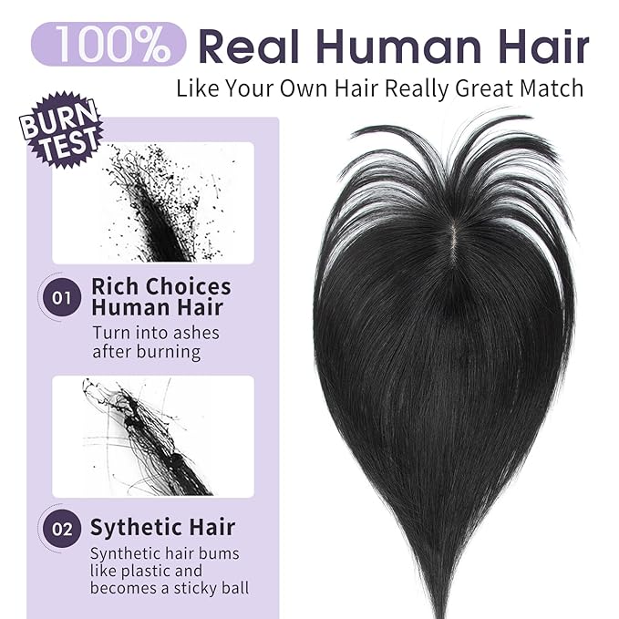 Real Human Hair Topper for Women with Thinning Hair 100% Real Remy Hair Topper for Women, Clip In Hairpiece for Thinning Hairpiece for White HairRoots Cover(8inch, Jet Black)