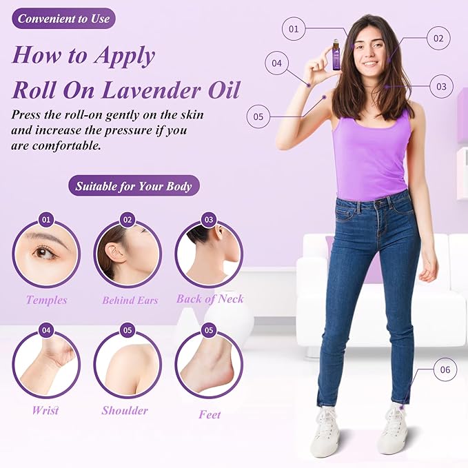 Lavender Essential Oil Roll On for Bedtime & Relaxation, Pre-Diluted with Lavender Oil, Calming Aromatherapy for Pillow, Pulse Points, Skin & Massage, Portable 10mL Rollerball